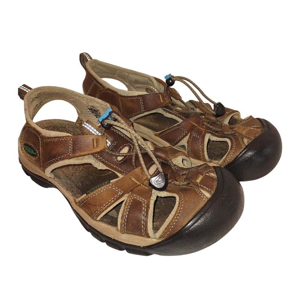 KEEN Venice H2 Brown Leather Hiking Sandals Womens Sz 9 Waterproof Bungee Shoes